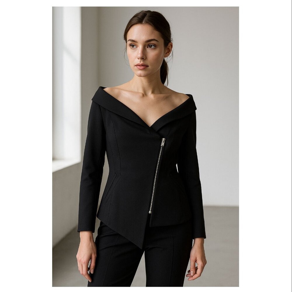 Trouvé Off-Shoulder Asymmetric Zip Jacket, Black, Womens Size Large